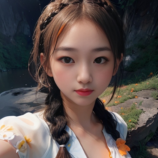 <lora:CLM-23-1.5-TUSI.lora:1>,((masterpiece)),best quality,perfect anatomy,(1girl, solo focus:1.4),pov,looking at viewer,flower trim,(outdoor, sunlight:1.2),(shiny skin:1.3),(motherhood, aged up, mature female, medium breasts:1.2),(curvy:1.1),(single side braid:1.2),(long hair with queue and braid, disheveled hair, hair scrunchie, tareme:1.2),(light Ivory hair:1.2),looking at viewer,Calm,Slight smile,(anemic, dark, lake, river,puddle, Meadow, rock, stone, moss, cliff, white flower, stalactite, Godray, ruins, ancient, eternal, deep ,mystic background,sunlight,plant,lily,white flowers, Abyss, :1.2),(orange fruits, citrus fruit, citrus fruit bearing tree:1.4),volumetric lighting,good lighting,masterpiece,best quality,highly detailed,extremely detailed cg unity 8k wallpaper,illustration,((beautiful detailed face)),best quality,(((hyper-detailed ))),high resolution illustration,high quality,highres,sidelighting,((illustrationbest)),highres,illustration,absurdres,hyper-detailed,intricate detail,perfect,high detailed eyes,perfect lighting,(extremely detailed CG:1.2)