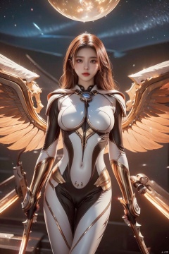 jiqing,1girl,medium breasts,weapon,wings,holding weapon,lips,bodysuit,covered navel,skin tight,science fiction,dual wielding,mechanical wings