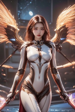 jiqing,1girl,medium breasts,weapon,wings,holding weapon,lips,bodysuit,covered navel,skin tight,science fiction,dual wielding,mechanical wings