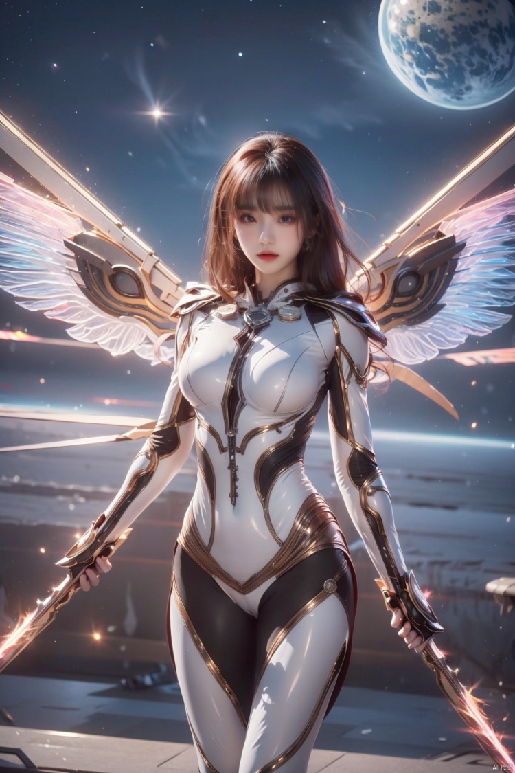 jiqing,1girl,medium breasts,weapon,wings,holding weapon,lips,bodysuit,covered navel,skin tight,science fiction,dual wielding,mechanical wings, jiqing, 1girl,moyou