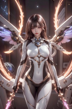 jiqing,1girl,medium breasts,weapon,wings,holding weapon,lips,bodysuit,covered navel,skin tight,science fiction,dual wielding,mechanical wings