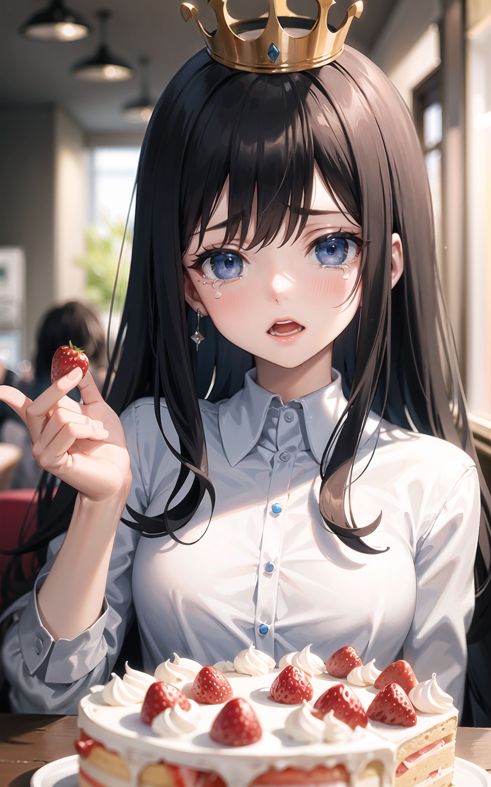 cake, jewelry, 1girl, strawberry, fruit, crown, open_mouth, skirt, food, birthday_cake, solo, one_eye_closed,blurry, blurry_foreground, depth_of_field, tears, solo, bubble, water_drop, blue_eyes,Feed food