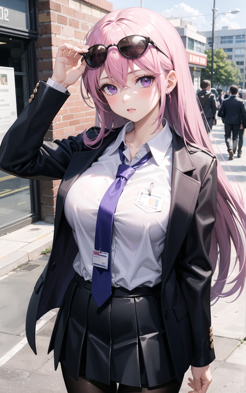 1girl, eyewear_on_head, skirt, pantyhose, solo, breasts, long_hair, jacket, looking_at_viewer, shirt, purple_eyes, sunglasses, id_card, necktie, hair_between_eyes, blush, white_shirt, black_skirt, long_sleeves
