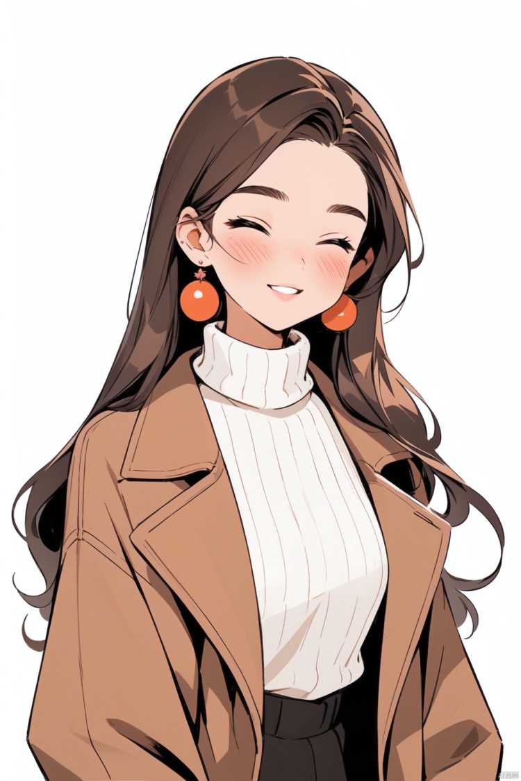 (\ji jian\), 1girl, solo, jewelry, long hair, closed eyes, earrings, smile, sweater, white background, blush, brown hair, simple background, turtleneck sweater, coat, turtleneck, ribbed sweater, brown coat, white sweater, parted lips, upper body, jacket