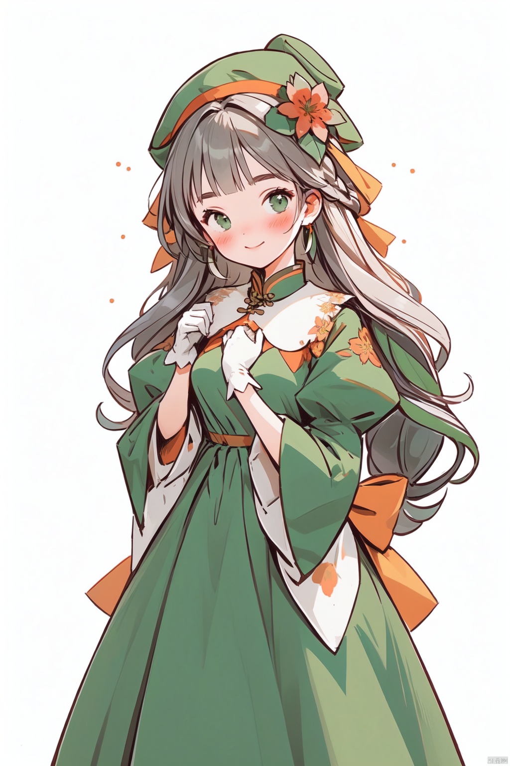  1girl, blush, closed_mouth, dress, english_text, flower, gloves, green_dress, green_headwear, hair_ornament, hands_up, long_hair, looking_at_viewer, puffy_short_sleeves, puffy_sleeves, rain, short_sleeves, smile, solo, standing, white_hair, (\ji jian\)