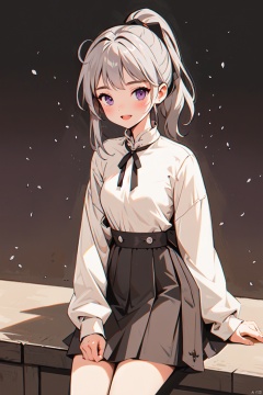  1girl, solo, ponytail, smile,grey hair,cute,purple eyes, long sleeve, open mouth, white shirt, frill, black skirt, bustier, small breasts,thigh, flowers, sitting on tree, [[full moon]],night,animal_ears, (\ji jian\)