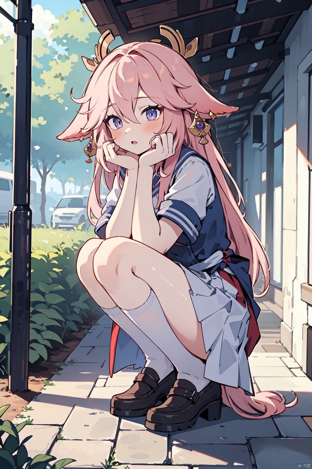  1girl, full body,school_uniform,wetting,white socks,squatting
, yae miko