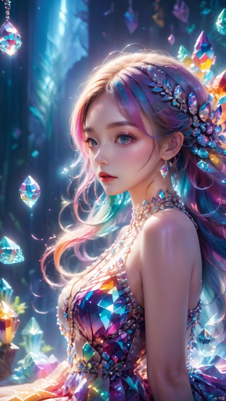 (Masterpiece), (Best quality), Extremely detailed, illustration, ((1girl)), (crystal dress),(colorful crystal),(colorful gradient hair:1.2), crystal headdress, crystal necklace, (body crystal), crystal shops, sitting posture,(colorful crystals),(transparent crystal),Crystal decoration, A crystal pendant,Crystal necklace,(colorfulhair:1.2),(Colorful dresses),High chiaroscuro, (huge crystal background), (colorful themes),Hazy light,Optical particle,High brightness contrast, 1girl