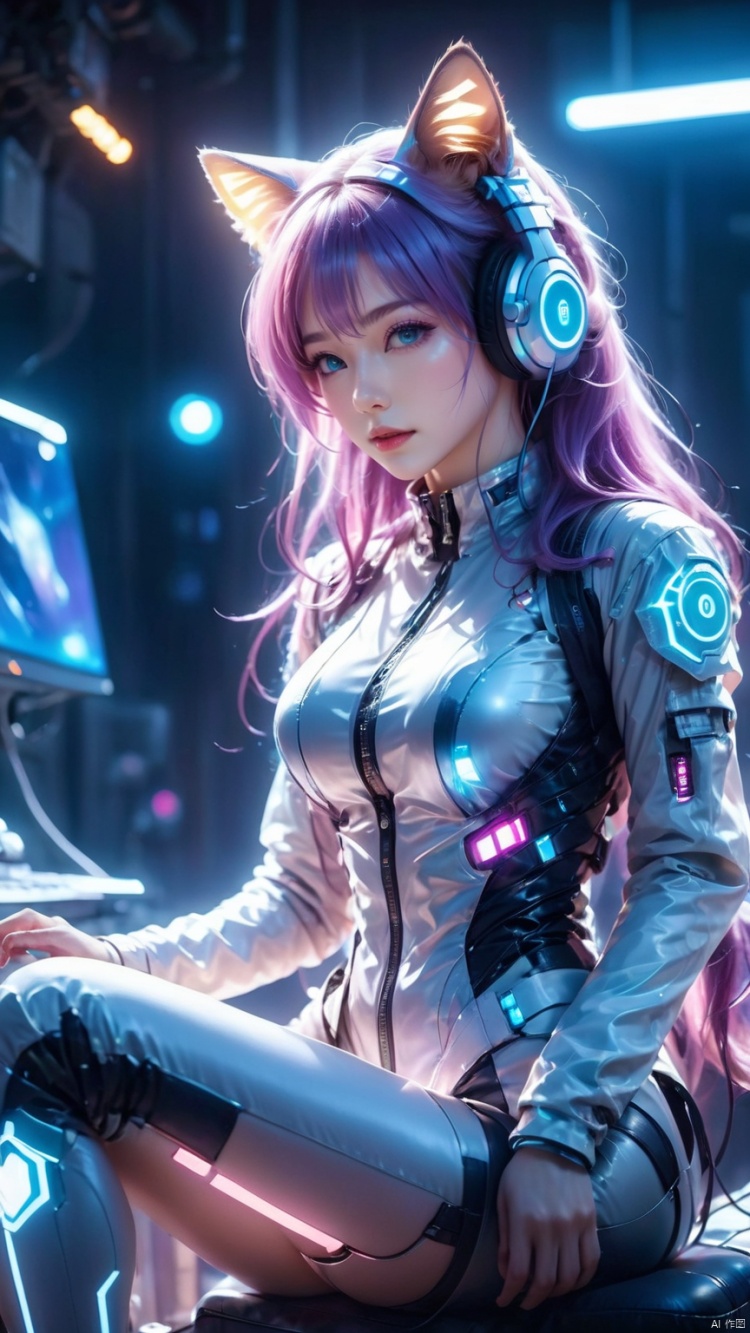 Optical particle,1girl,Future style gel coat,Future Combat Suit,animal ears,bodysuit,breasts,cat ear headphones,computer,hand on headphones,Glowing Clothing,Future Technology Space Station,full body,Sitting posture,Clothing with multiple light sources,headphones,headset,laptop,long hair,looking at viewer,motor vehicle,robot ears,science fiction,sitting,solo,Purple hair, glow, BY MOONCRYPTOWOW,(holographic projection), (cyberpunk style), (mechanical modular background), (Luminous circuit) (Flashing neon light) (Blue illuminated background) (Background blurring treatment), Light-electric style,shining,