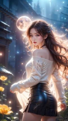 highly_detailed,extremely_detailed_CG_unity_8k_wallpaper,illustration,absurdres,beautiful_detailed_eyes,finely_detailed_light,highly_detail_hair_,(character characteristics),on back,breast grab,younger,kneehighs,white off shoulder sweater,black skinny leather skirt, glow,Optical particle,Hazy light,Optical particle,High brightness contrast, 1girl