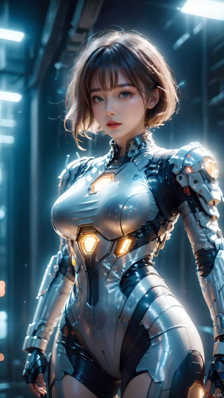 1girl,Future style gel coat,Future Combat Suit,bodysuit,breasts,Above the knee,Upper body,Grey gel coat,mecha,medium breasts,realistic,science fiction,short hair,solo,standing, glow,Optical particle,Hazy light,Optical particle,High brightness contrast, 1girl,Hazy light,Future Combat Suit,Floodlight