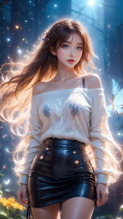 highly_detailed,extremely_detailed_CG_unity_8k_wallpaper,illustration,absurdres,beautiful_detailed_eyes,finely_detailed_light,highly_detail_hair_,(character characteristics),on back,breast grab,younger,kneehighs,white off shoulder sweater,black skinny leather skirt, glow,Optical particle,Hazy light,Optical particle,High brightness contrast, 1girl