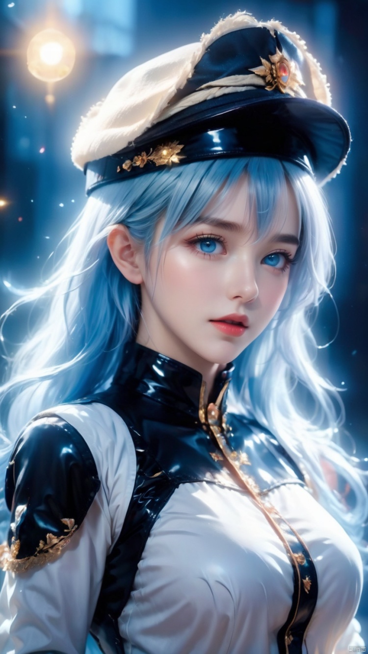 masterpiece,bestquality,realistic,8k,officialart,cinematiclight,ultrahighres,1girl, blue eyes, blue hair, white hair, streaked hair, gloves, hat, blue eyes, white gloves, blue hair, white hair, blue headwear, ahoge, black gloves, streaked hair, long sleeves, ascot, jewelry, brooch,black headwear, frills,full body,lying,lie,, glow,Optical particle,Hazy light,Optical particle,High brightness contrast, 1girl,Hazy light,Future Combat Suit,Floodlight