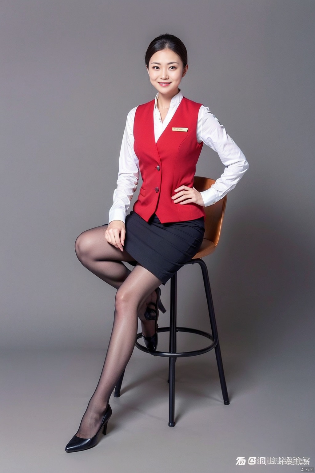 1girl, solo, looking at viewer, smile, short hair, skirt, shirt, black hair, sitting, full body, pantyhose, grey background, vest, high heels, hand on hip, chair, pencil skirt, realistic, office lady, stool
,stewardess, shenzhen