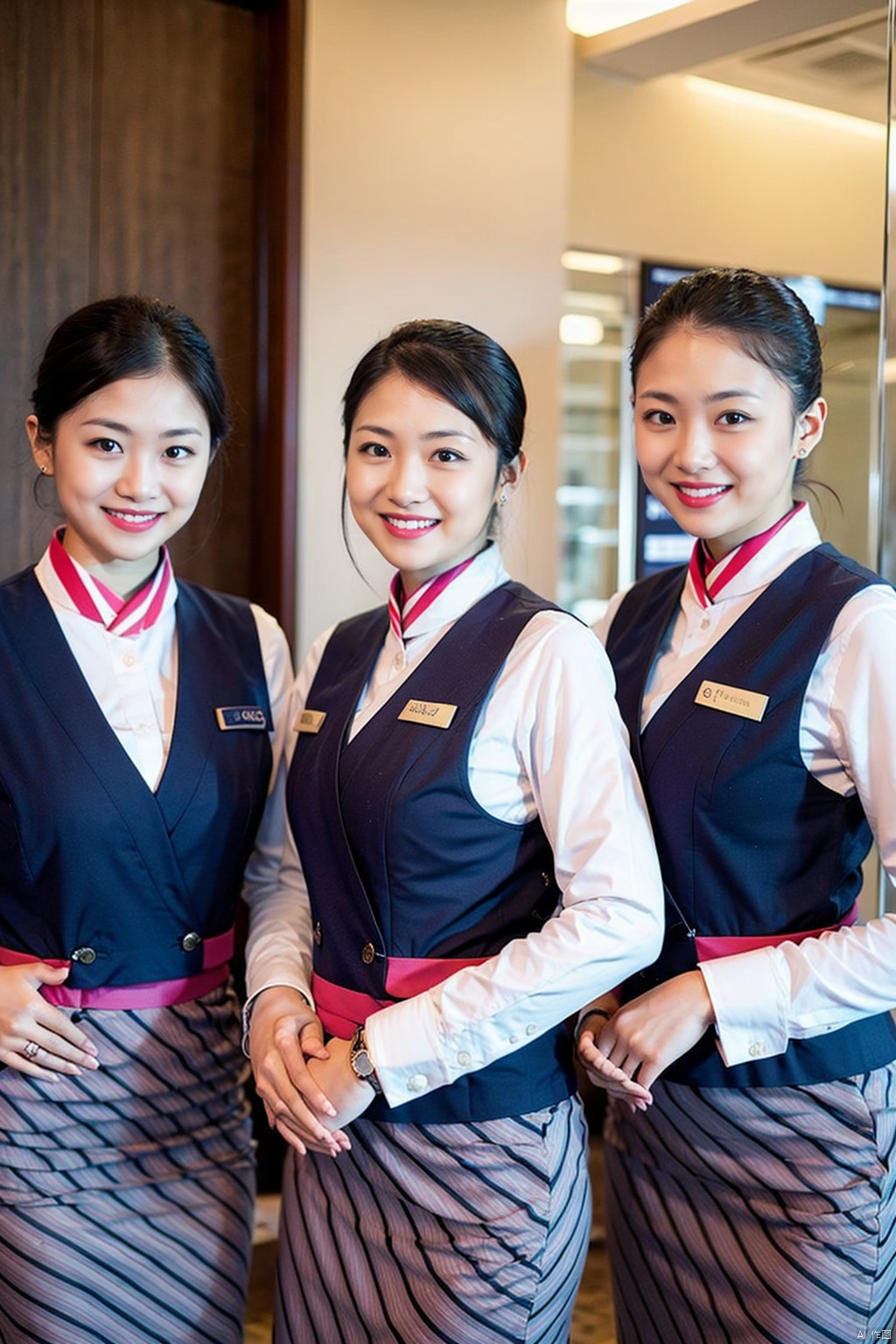 looking at viewer, smile, multiple girls, skirt, shirt, black hair, long sleeves, brown eyes, jewelry, sitting, white shirt, striped, pants, indoors, 3girls, grin, uniform, black eyes, vest, blue skirt, ring, own hands together, lipstick, watch, realistic, wristwatch, blue vest, striped skirt, vertical-striped skirt
,stewardess, south