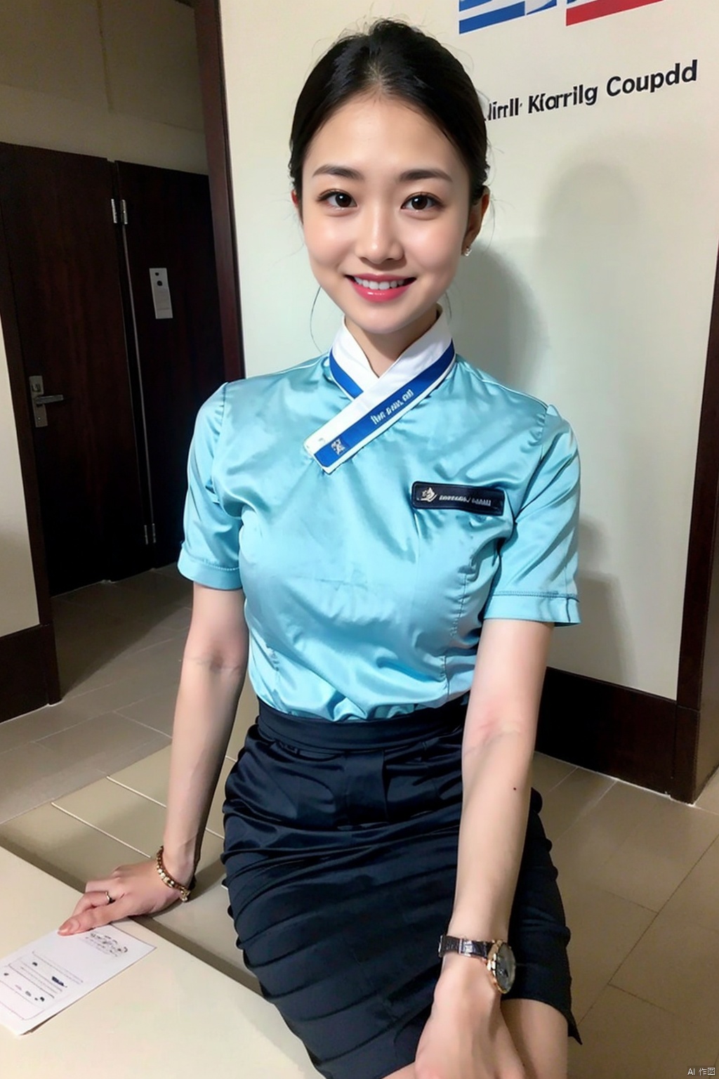 1girl, solo, looking at viewer, smile, skirt, shirt, black hair, sitting, teeth, cup, blue shirt, watch, realistic, wristwatch, id card, real life insert
, korea