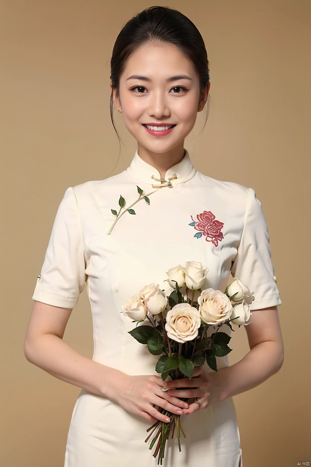 1girl, solo, looking at viewer, smile, simple background, black hair, dress, holding, brown eyes, upper body, flower, teeth, grin, black eyes, rose, chinese clothes, white flower, realistic, holding flower, white rose,
,stewardess, qipao