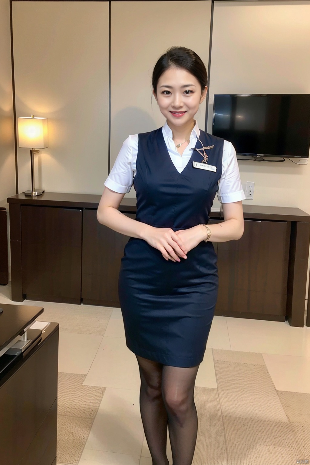 1girl, solo, smile, short hair, skirt, black hair, pantyhose, formal, pencil skirt, realistic, office lady, real life insert
,stewardess, shenzhen