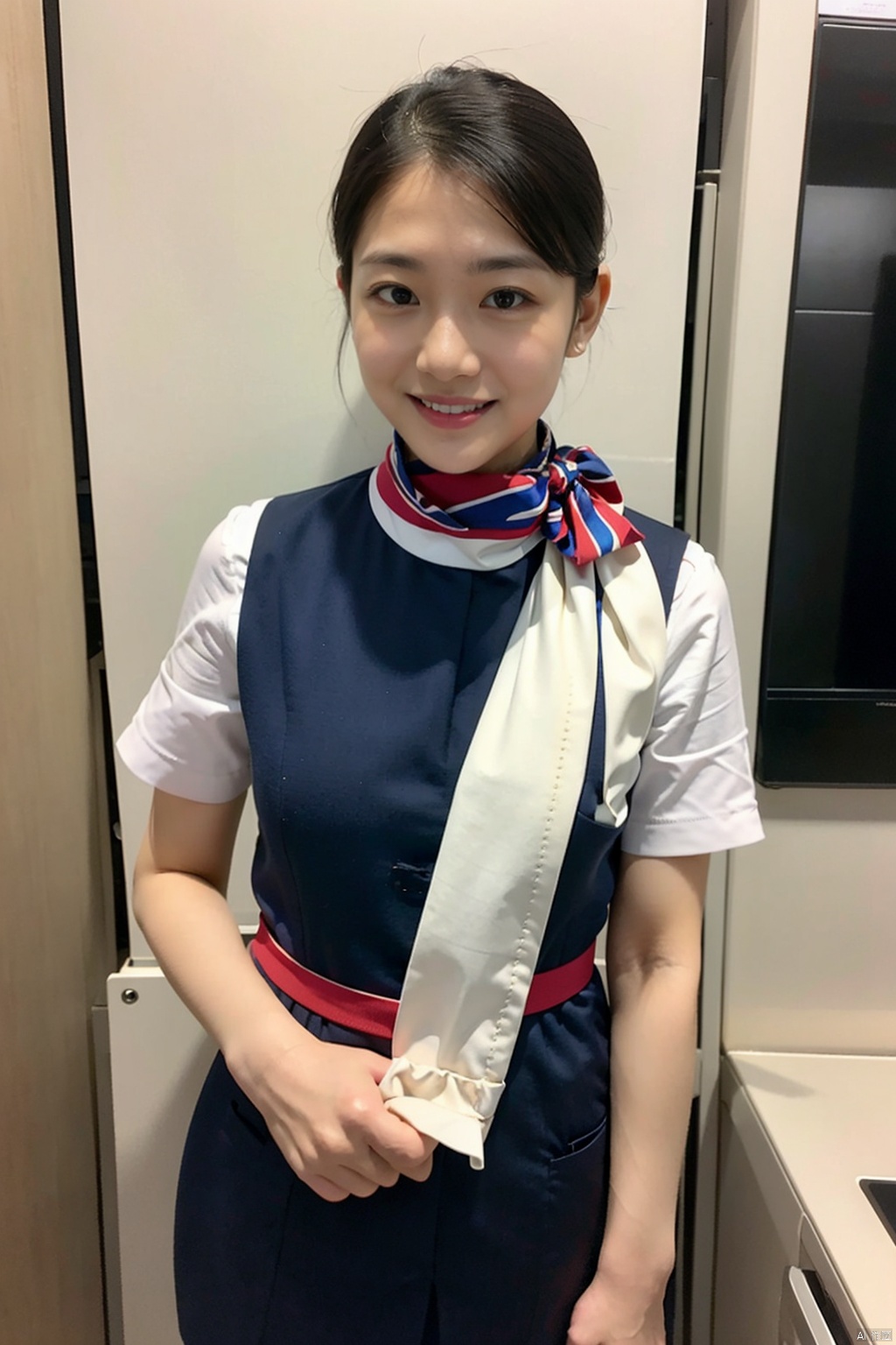 1girl, solo, looking at viewer, smile, short hair, skirt, black hair, scarf, neckerchief, realistic
,stewardess, za