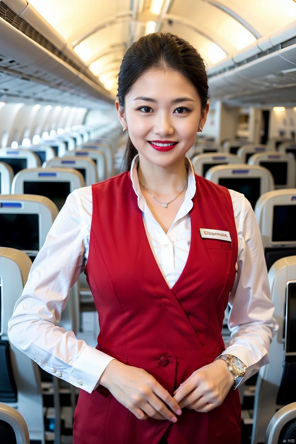 1girl, solo, looking at viewer, smile, shirt, black hair, brown eyes, jewelry, white shirt, earrings, teeth, indoors, necklace, grin, black eyes, vest, blood, makeup, lipstick, watch, realistic, red vest, wristwatch, blood on clothes, office
,stewardess, shenzhen