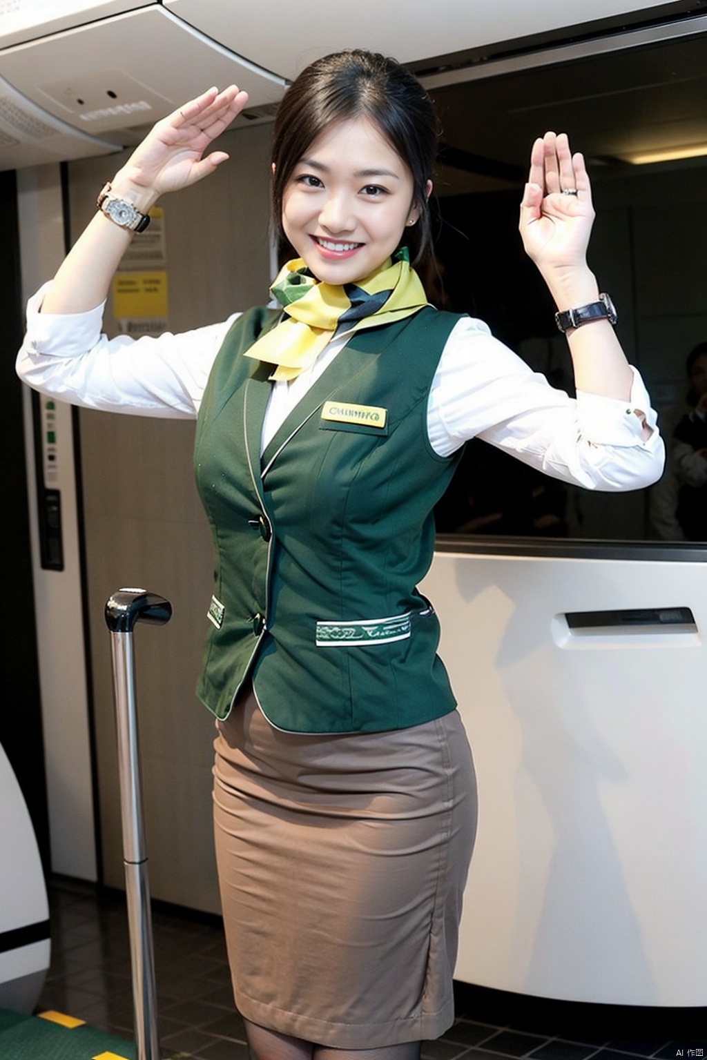 1girl, solo, smile, short hair, skirt, black hair, scarf, grin, vest, pencil skirt, realistic, salute, wristwatch, stewardess, chunqiu