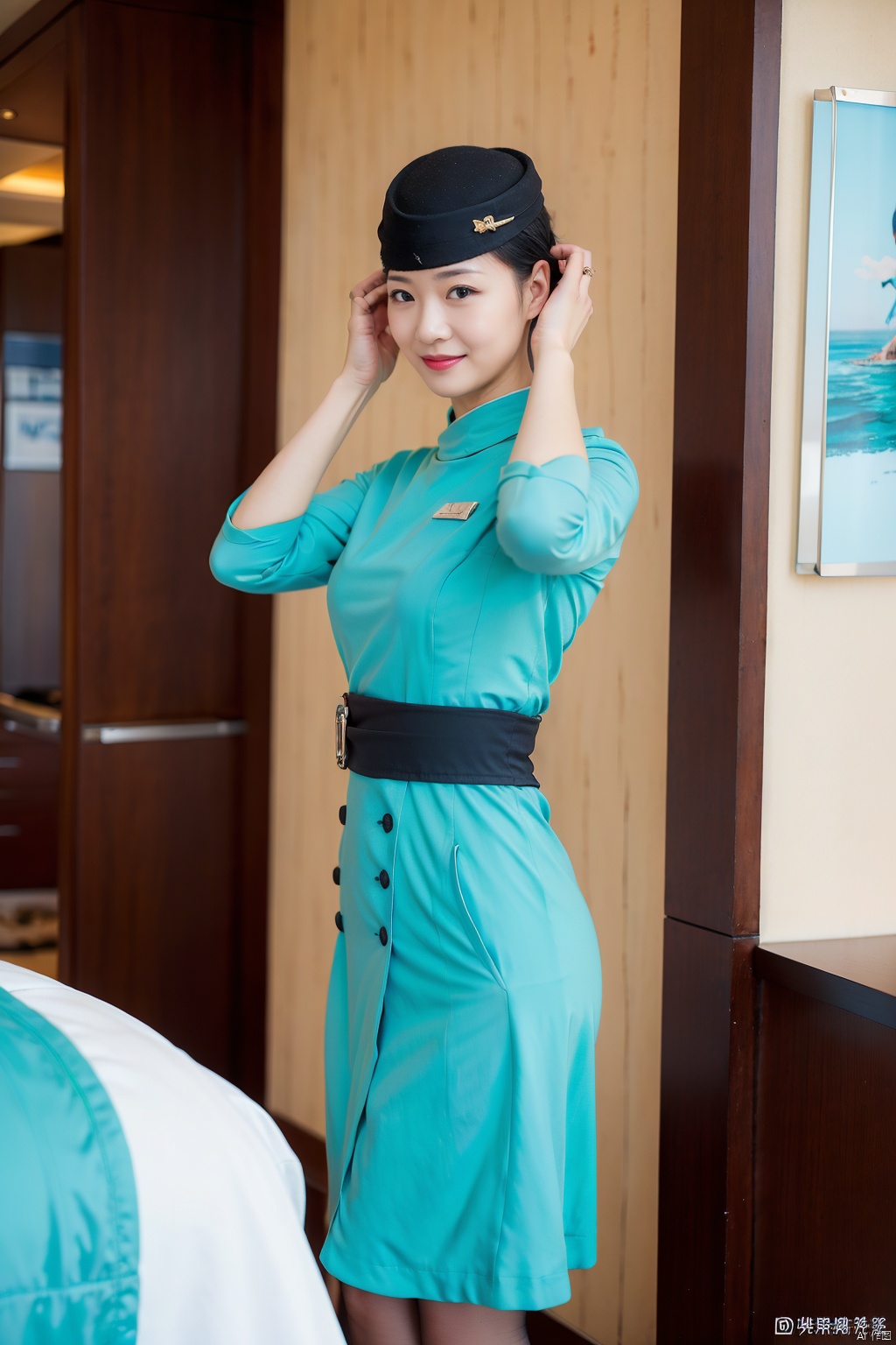 1girl, solo, looking at viewer, smile, short hair, black hair, hat, dress, indoors, black eyes, lips, makeup, lipstick, hand on own head
,stewardess, xiamen