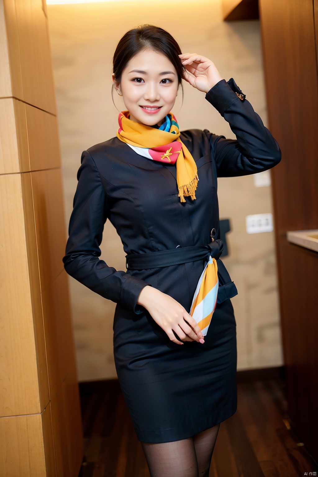 1girl, solo, looking at viewer, smile, short hair, brown hair, dress, brown eyes, jewelry, pantyhose, necklace, scarf, black dress, realistic, stewardess, chengdu