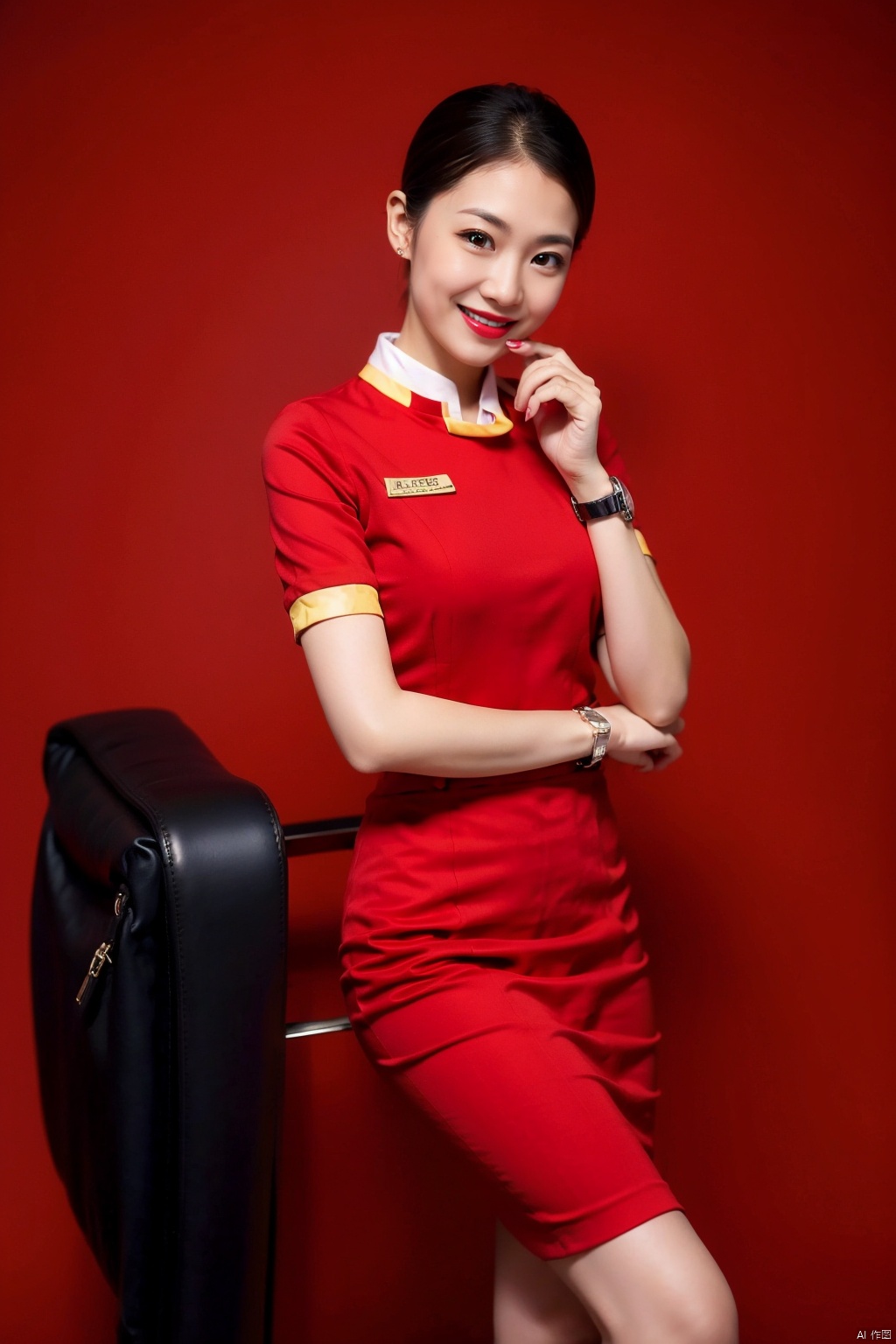 1girl, solo, looking at viewer, smile, short hair, skirt, black hair, black eyes, lipstick, red background, watch, realistic, wristwatch
, stewardess, chengdu