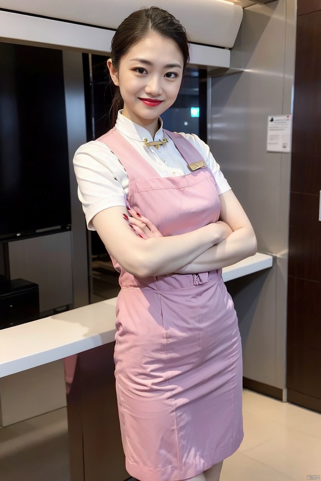 1girl, solo, smile, black hair, dress, brown eyes, nail polish, crossed arms, lipstick, realistic, real life insert,
stewardess, jixiang