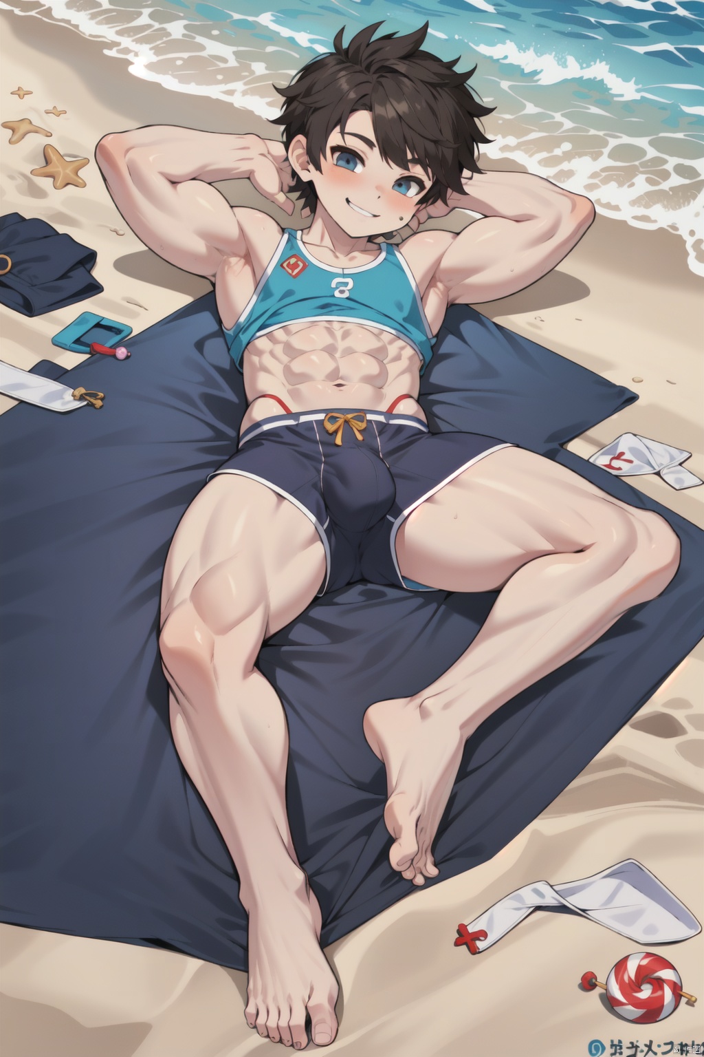 solo, thick legs, long legs, 1boy, big foot, lying, beach, detailed face, smile ( figma:0.8), shota, solo, muscles, shota, femboy, barefoot, chinese clothes, bulge, lollipop, navel, underwear, thick pecs, hands back, 