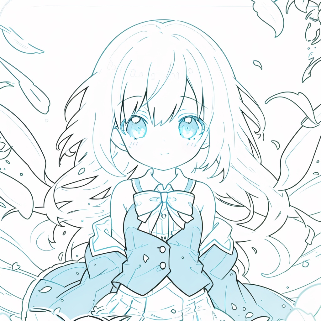 (1girl),chibi,(solo),littlegirl,Positive face,beautifuldetailedeyes,sidebluntbangs,hairsbetweeneyes,ribbons,bowties,buttons,bareshoulders,(smallbreast),blankstare,pleatedskirt,closetoviewer,((breeze)),Flyingsplashes,Flyingpetals,wind