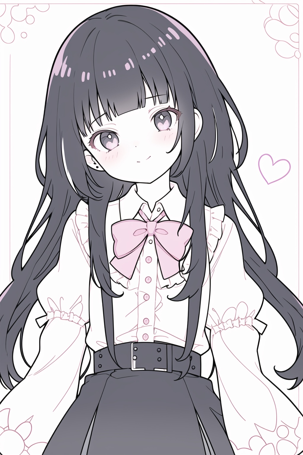 1girl, solo, long hair, black hair, bangs, looking at viewer, black eyes, frills, blunt bangs, long sleeves, frilled shirt, bow, skirt, frilled sleeves, black skirt, belt, shirt, multicolored hair, head tilt, black bow, heart, tile wall, pink nails, bowtie, closed mouth, upper body, cross-laced clothes, labcoat, black shirt, fingernails, white coat, nail polish, jirai kei, <lora:lines_l:1>