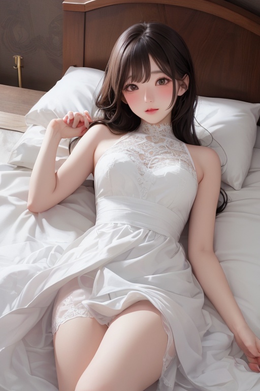 a girl wearing a white dress and lying on the white bed on Tensor.Art