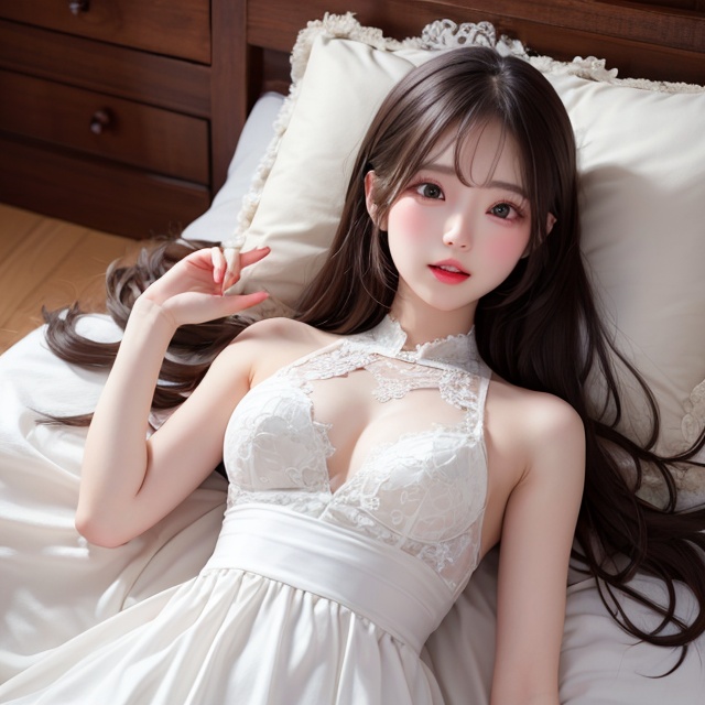 a girl wearing a white dress and lying on the white bed on Tensor.Art