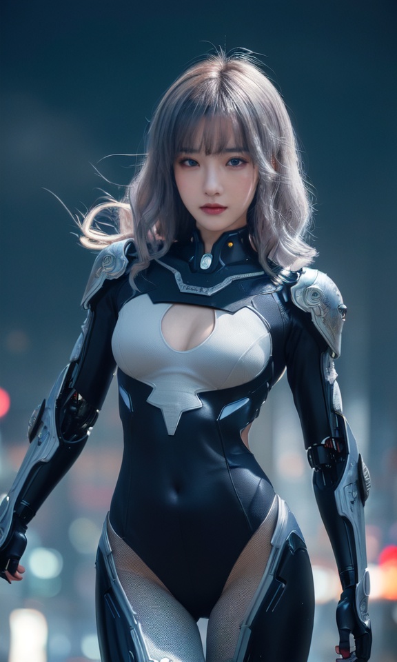 {{master piece}},best quality,illustration,1girl,small breast,beatiful detailed eyes,beatiful detailed cyberpunk city,flat_chest,beatiful detailed hair,wavy hair,beatiful detailed steet,mecha clothes,robot girl,cool movement,sliver bodysuit,{filigree},dargon wings,colorful background,a dragon  stands behind the girl,rainy days,{lightning effect},beatiful detailed sliver dragon arnour,(cold face),