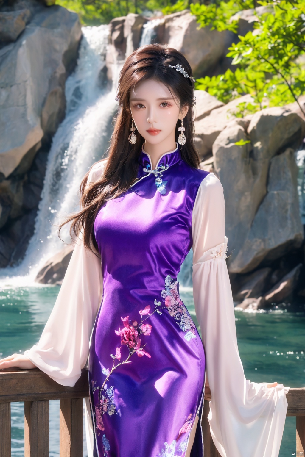  1 girl (Eyes\(dark amber, crystal clear, long eyelashes\), nose\(raised, nose tip slightly upturned), lips (Rose color, lip line clear), hairstyle Black hair, smooth and shiny, hair accessories, slightly wavy hair tips, cloth （Chinese dress,Wide sleeved,long sleeved,sleeves extending outside fingers））,(Standing on the hill, hands hanging at sides): 1.5,Background\(Waterfall): 1.5, Sky, Stone Bridge\) Ultra fine, extremely delicate and beautiful (by fine color blocks), Masterpiece, Best quality, Unreal Engine 5 rendering, Cinemight, Cinematography Lens, Cinematography Effects, Detailed details, sdmai, light