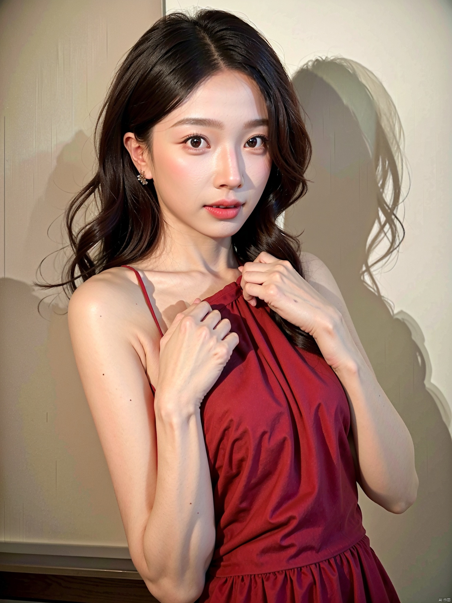  1, 1girl, short hair, brown hair, solo, dress, brown eyes, looking at viewer, holding, red dress, parted lips, bare shoulders, indoors, lips, upper body, sleeveless, 1gril