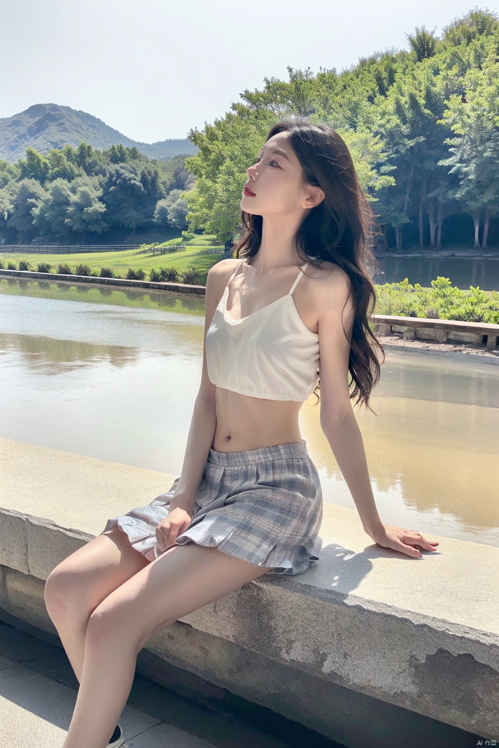  1girl, pale skin,black hair,long_hair,outdoors,sitting, bridge,river,full_body, miniJK,plaid,bare belly