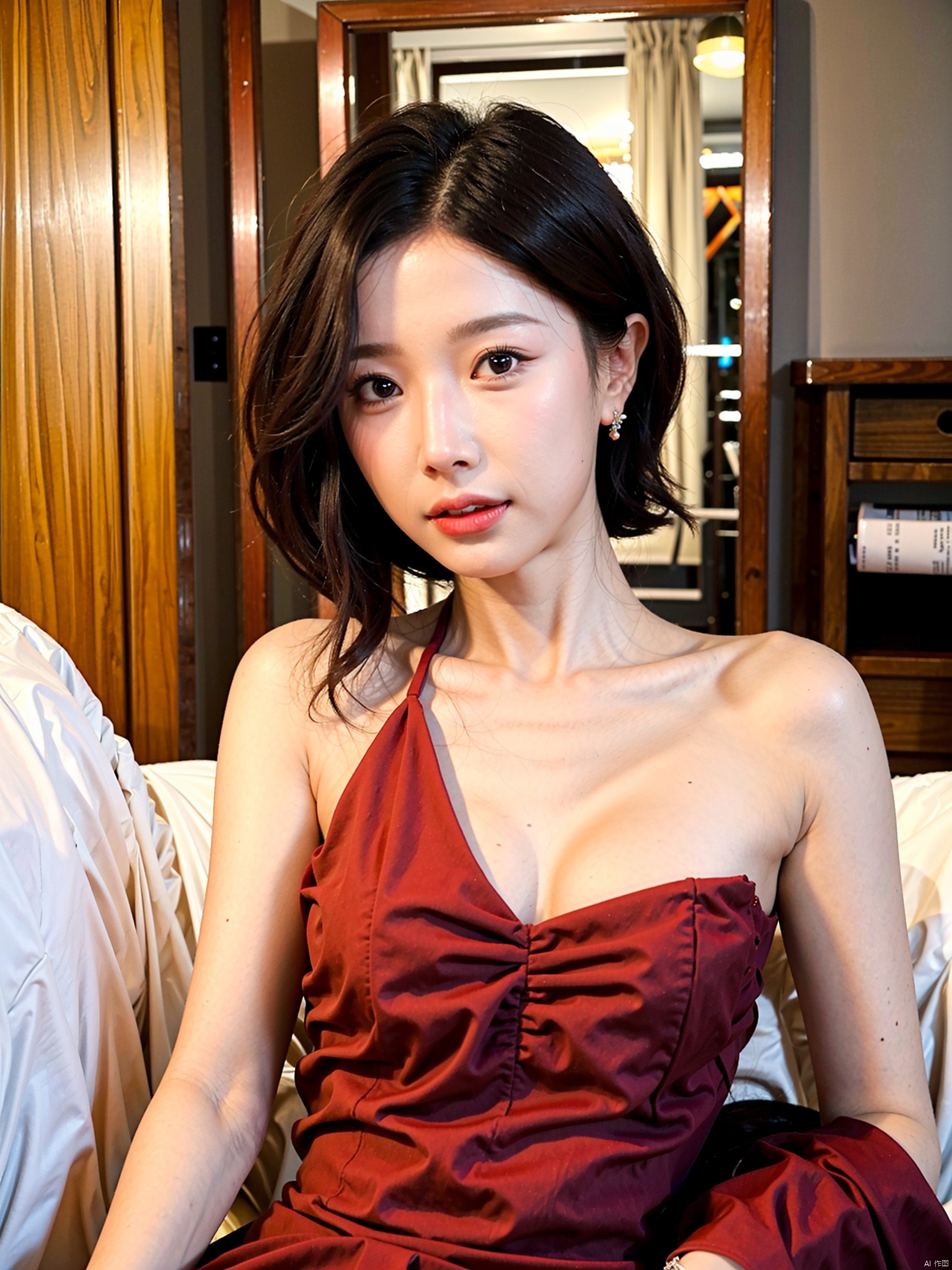  1, 1girl, short hair, brown hair, solo, dress, brown eyes, looking at viewer, holding, red dress, parted lips, bare shoulders, indoors, lips, upper body, sleeveless, 1gril