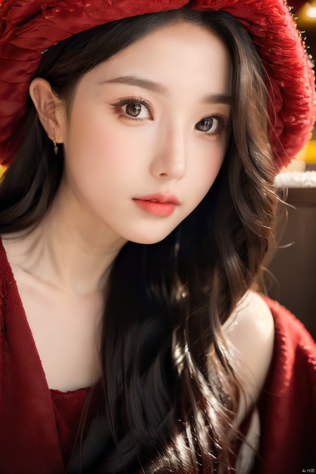  masterpiece, best quality, 1girl, red background, black hair, Long curly hair, face front, ((red fashion silk lone costume with red swirling vortexes pattern)), ((Red Plush Fur Hat)), emotional face, (close up portrait), make up, studio light, studio, ((poakl)), poakl ggll girl