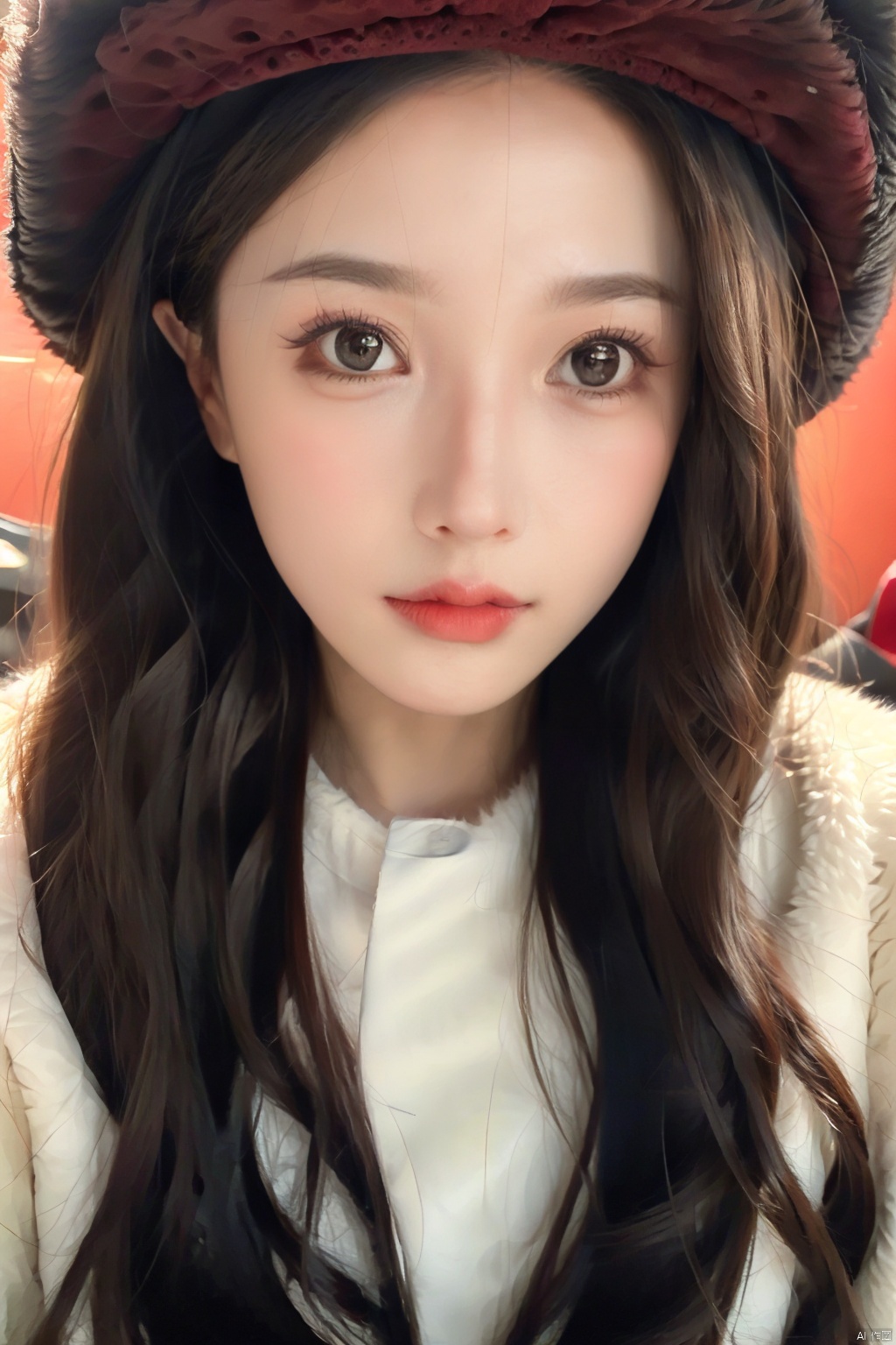  masterpiece, best quality, 1girl, red background, black hair, Long curly hair, face front, ((red fashion silk lone costume with red swirling vortexes pattern)), ((Red Plush Fur Hat)), emotional face, (close up portrait), make up, studio light, studio, ((poakl)), poakl ggll girl