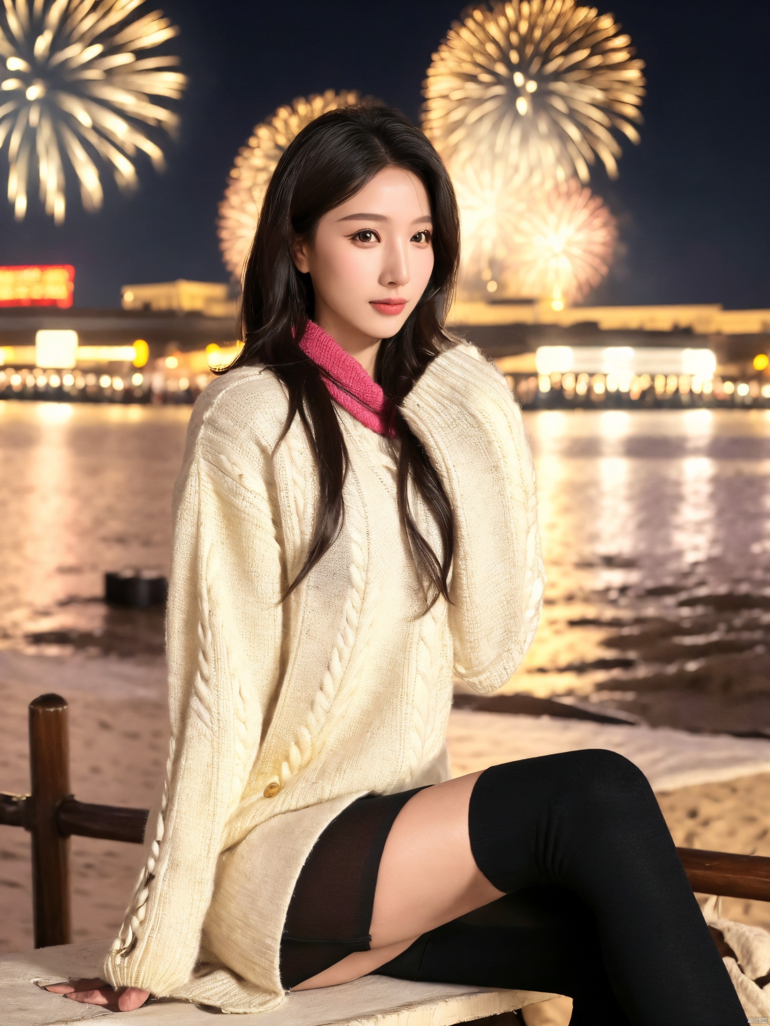 1girl,fashion model,female focus,(masterpiece, realistic, best quality, highly detailed, profession),asian,pretty,Charming eyes,exquisite facial features,bangle,sweater,scarf,skirt,black stockings,boots,sitting,night,neon,beach of city,new year,cinematic composition,,blurry,plns,sw, fireworks, hand101