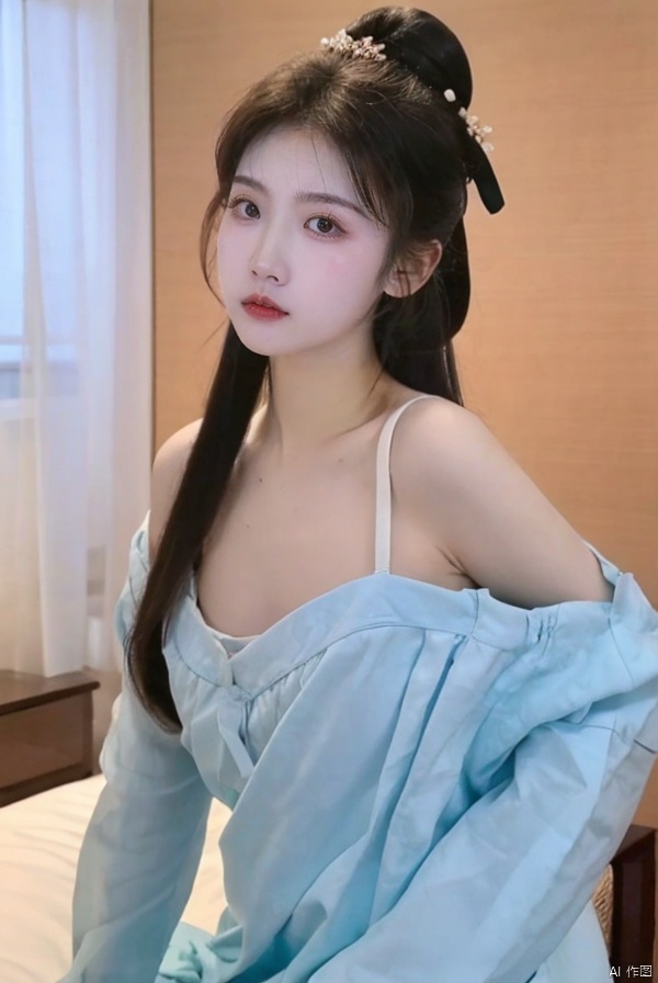 长发女孩,连衣裙,淡蓝色针织衫,超写实