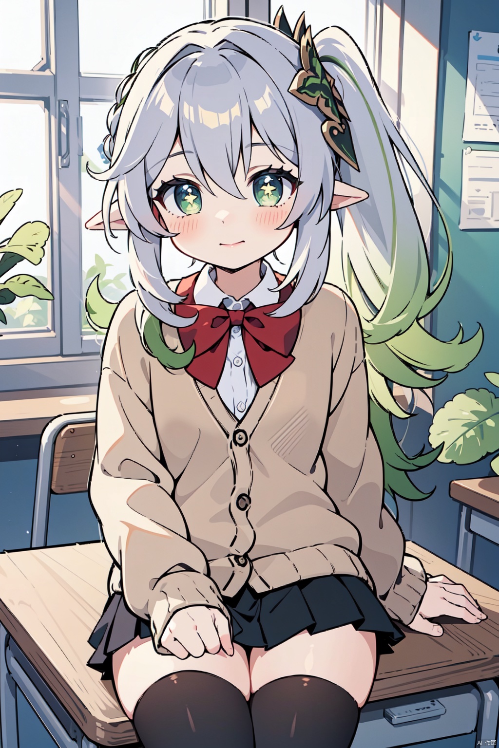 1girl, solo, skirt, grey cardigan, desk, black skirt, looking at viewer, thighhighs, bow, school uniform, pleated skirt, sitting, black thighhighs, bowtie, long sleeves, red bow, indoors, contemporary, cardigan, red bowtie, blush, shirt, sleeves past wrists, closed mouth, leaf hair ornament, window, nahida, aged up, cowboy shot, breasts
