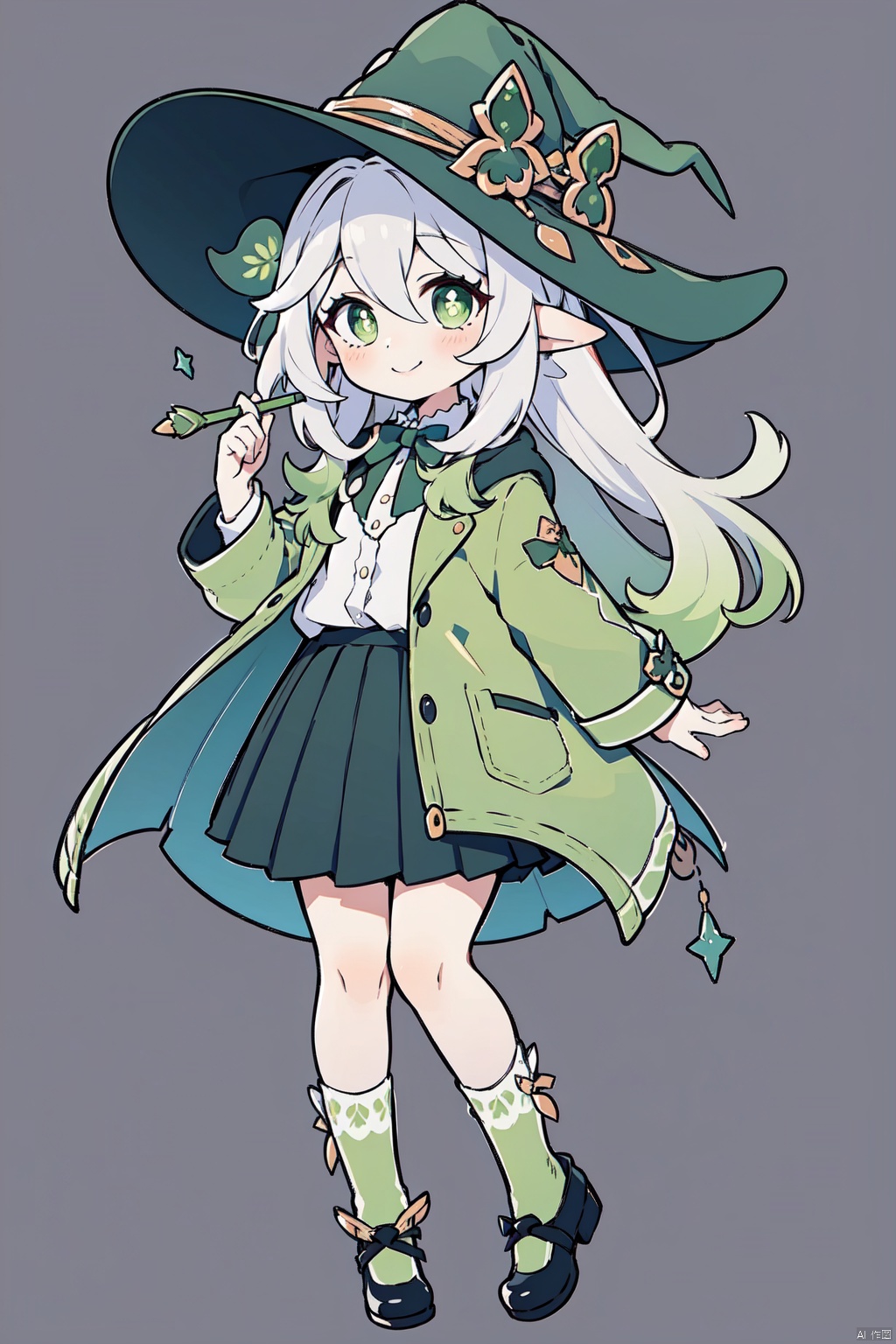 1girl, solo, skirt, looking at viewer, smile, white background, full body, simple background, nahida, green socks, black shoes, green coat, witch outfit, bowtie, shirt, holding a wand, standing