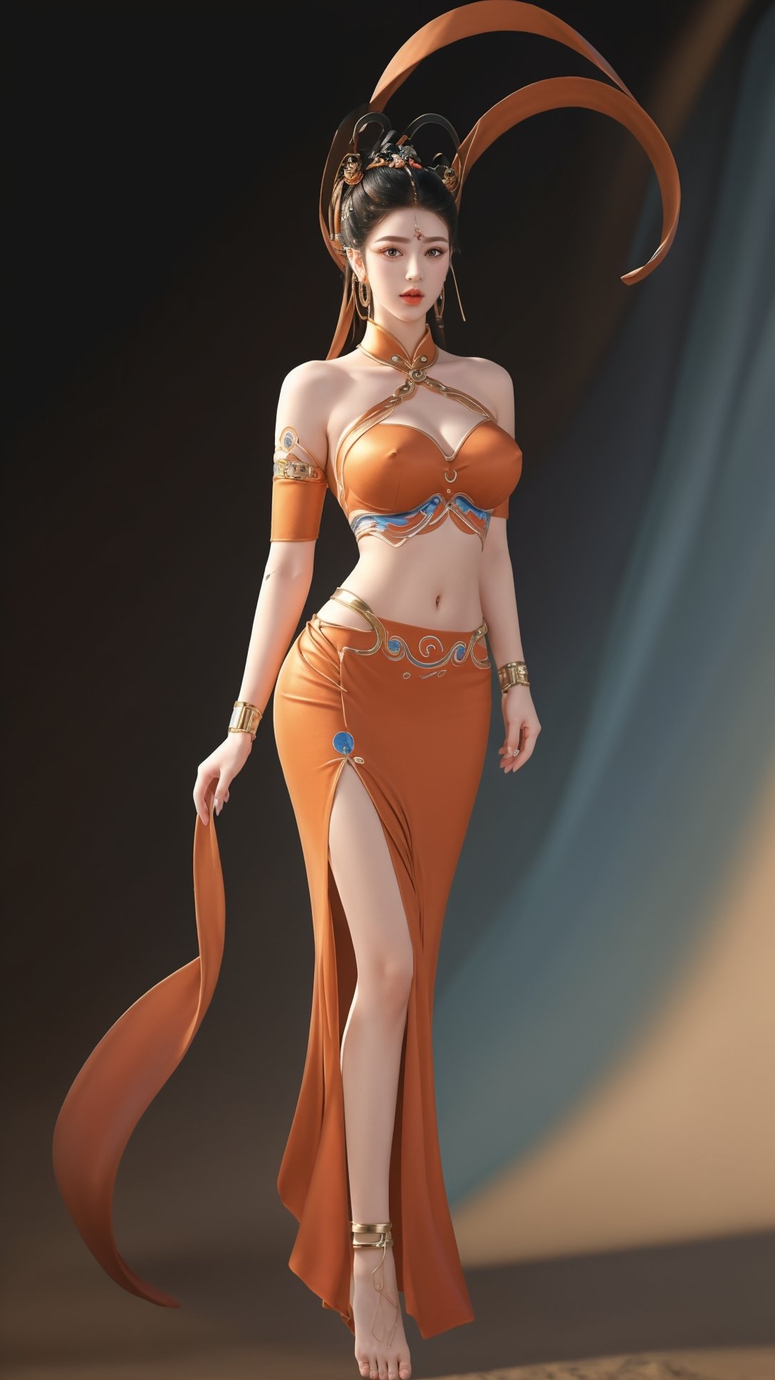 (1girl),smooth chin,masterpiece,detailed face,((hair ornament:1.2)),top quality,4k,make up,best quality,large breasts,(looking at viewer),ribbon,arms behind back,shawl,detached sleeves,forehead mark,legs,on street,full body,<lora:王者杨玉环遇见飞天_v1.0:0.8>,(big hair rings:1.5),hair ribbon,chinese clothes,orange skirt,midriff,anklet,armlet,nipples,pubic tattoo,nude,double hair rings,<lora:敦煌飞天dunhuang2-000004:0.3>,flying,