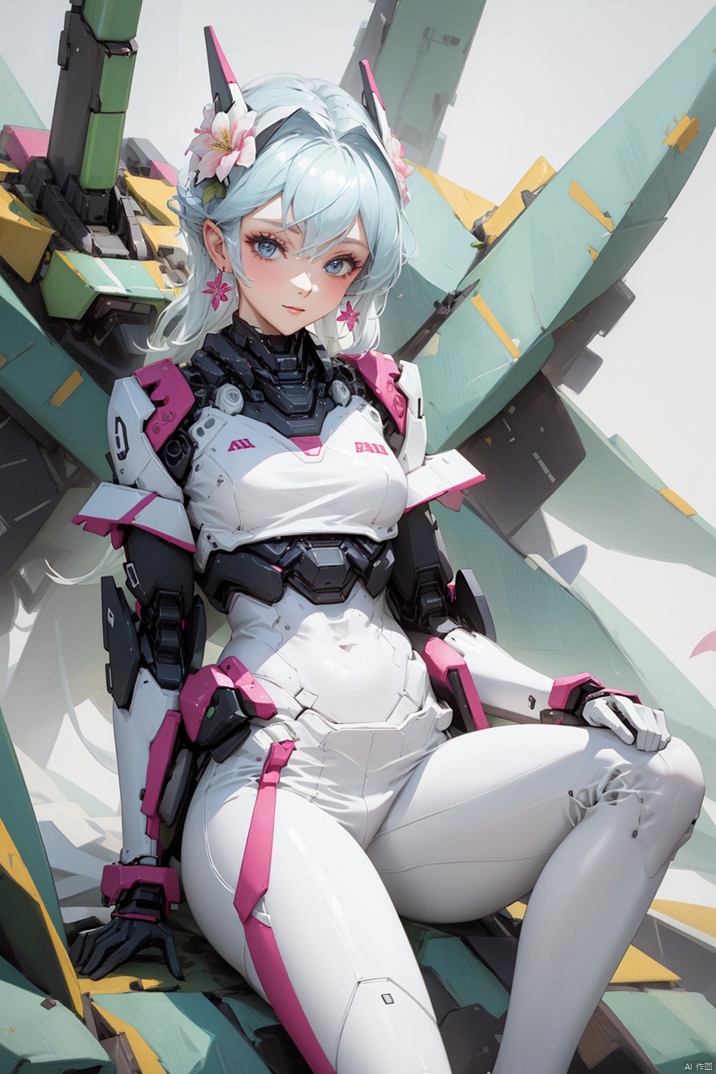  1girl,(flowers theme), (jewerly theme),looking at far,,(((white theme))),sitting ,EARRINGS,HAND BARCERT,NECK TIE,MECHA GIRL,