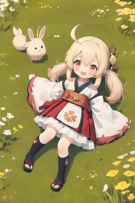 masterpiece,best quality,1girl,loli,klee \(genshin impact\),solo,full body,japanese_clothes,red eyes,blonde hair,bangs,hair ornament,bunches,ahoge,side ponytail,:d,open mouth,smile,looking at viewer,hair between eyes,day,meadow,