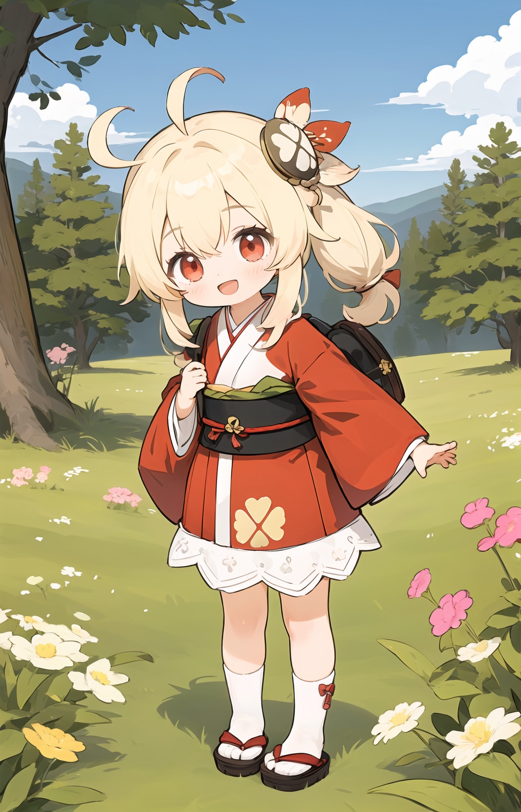 masterpiece,best quality,1girl,loli,klee \(genshin impact\),solo,full body,japanese_clothes,red eyes,blonde hair,bangs,hair ornament,bunches,ahoge,side ponytail,:d,open mouth,smile,looking at viewer,hair between eyes,standing,day,in a meadow,savanna,