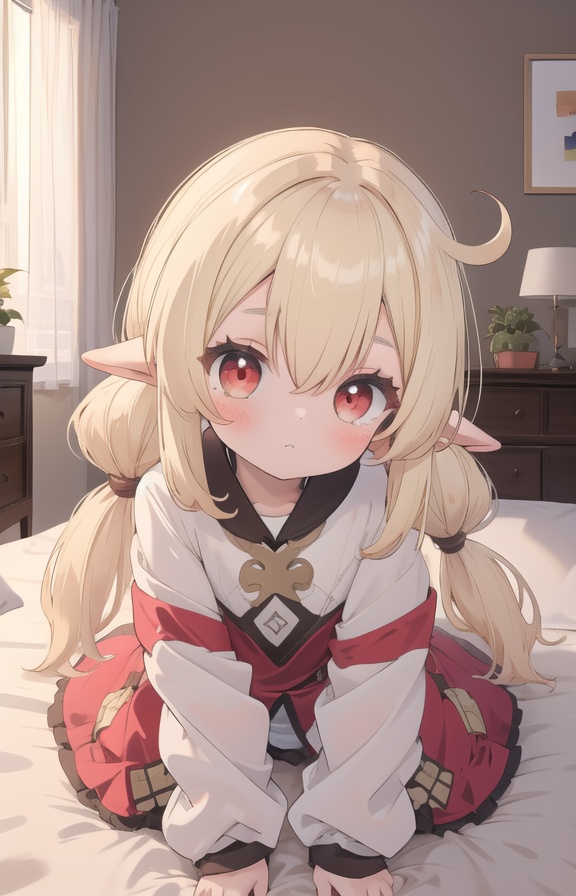 masterpiece,best quality,1girl,solo,klee \(genshin impact\),short hair,blonde hair,twintails,low twintails,hair between eyes,bangs,sidelocks,ahoge,pointy ears,red eyes,looking at viewer,indoor,bed,on bed,